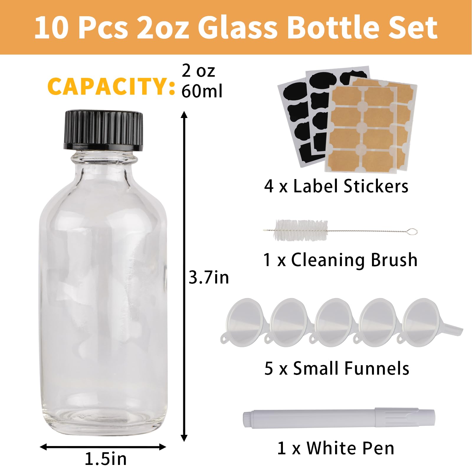 Hniuyun 12 Pack 2 Oz Glass Shot Bottles With Lids & 24 Labels, Wide Mouth 60 Ml Small Clear Glass Bottles, Reusable Mini Glass Jars For Ginger, Juice, Potion, Liquids