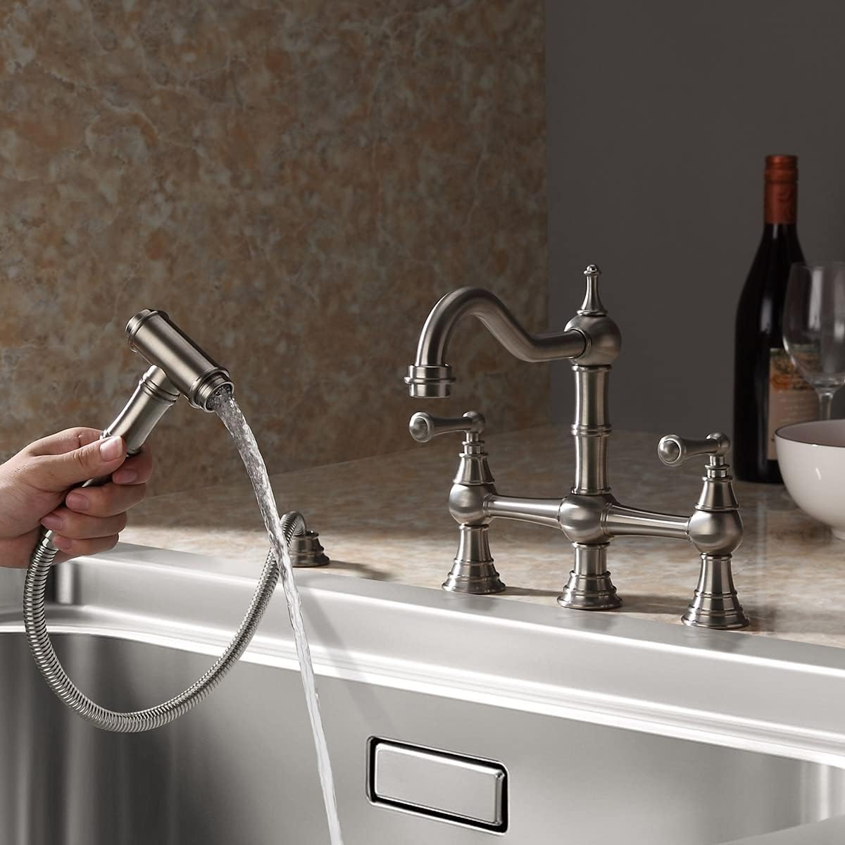 Top Brands BULUXE 4-Hole 2 Handles Kitchen Faucet with Side Sprayer Modern Kitchen Sink Faucet with Victorian Swiveling Spout(Brushed Nickel) Hottest Sales BULUXE 4-Hole 2 Handles Kitchen Faucet with Side Sprayer Modern Kitchen Sink Faucet with Victorian Swiveling Spout(Brushed Nickel)