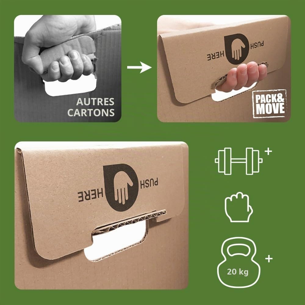 Pack and Move - Lot 60 cartons déménagement stockage standard - 60 x 30 x 30 cm - Poignées renforcées - 3 adhésifs offerts
