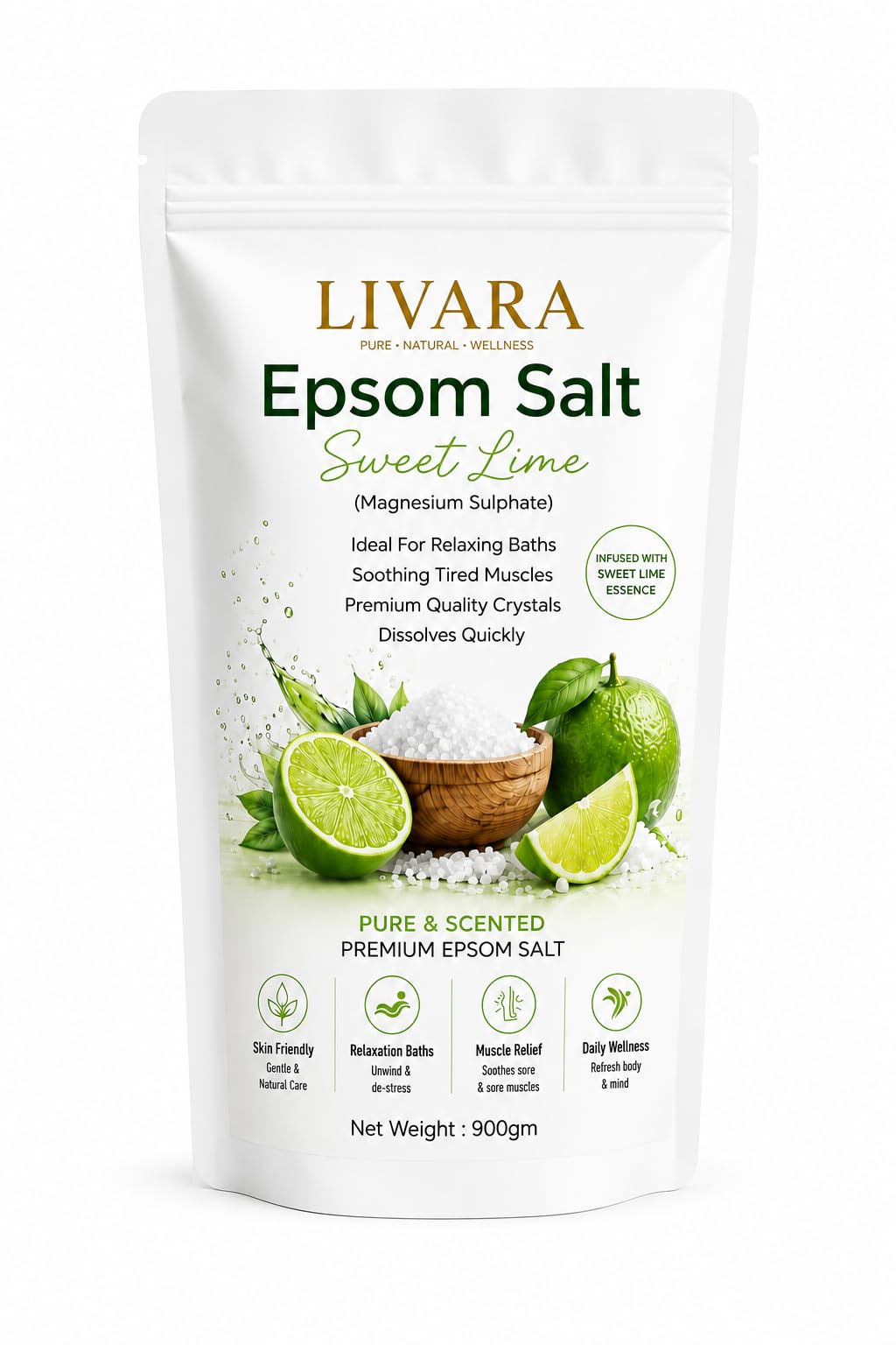 Epsom Salt Sweet Lime | Premium Magnesium Sulphate Bath Salt | Relaxing Bath & Foot Soak | Fast Dissolving Crystals | Muscle Relaxation & Skin Care | Infused with Sweet Lime Essence | 900g-image-49
