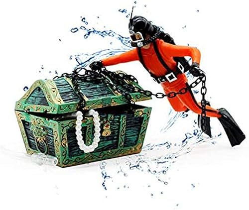 Saim Treasure Chest & Diver - Adorno de acuario con movimiento de burbujas de aire de acción en vivo