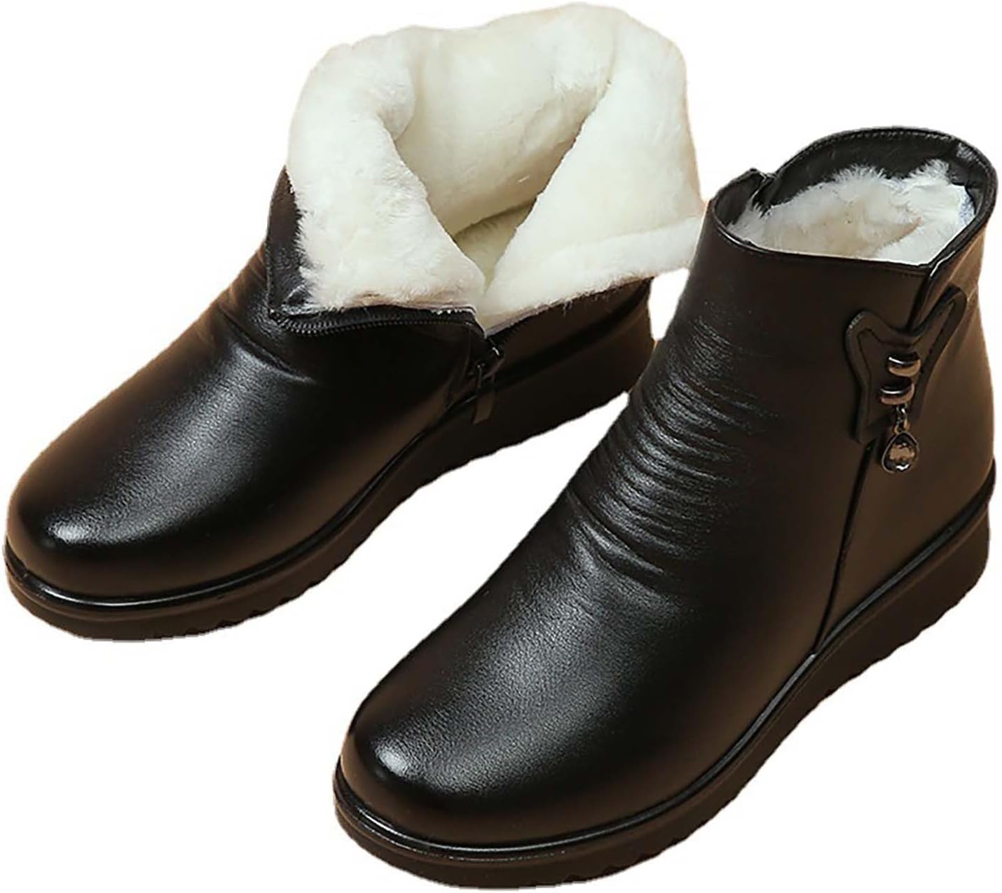 Women's Black Low Wedge Heel Ankle Booties Faux Fur Lined Elegant Boots Soft Leather Side Zipper Sparkling Rhinestones Winter Warm Thickening Snow Boot Footwear