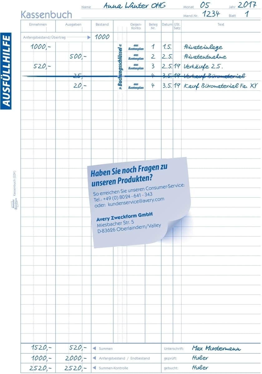 AVERY Zweckform 5 x Formularbuch Kassenabrechnung A4 selbstdurchschreibend VE=2x40 Blatt