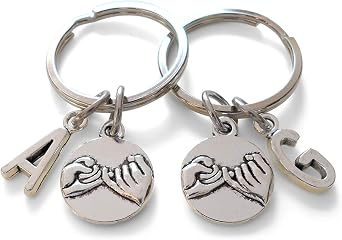 Custom 2 Pinky Promise Keychains with Letter Charms for Couples or Best Friends Initials, Anniversary Gift Keychain
