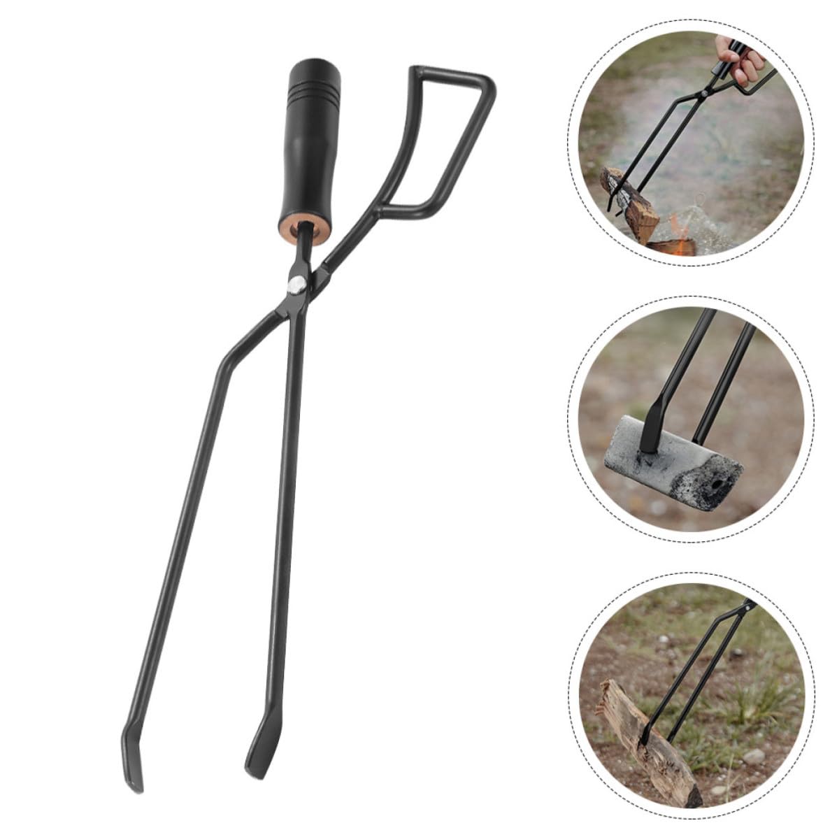 MAGICLULU Pinza per Carbonella in Ferro e Legno Nero, Utensile Barbecue Pratico e Stabile per Camping e Grigliate in Giardino