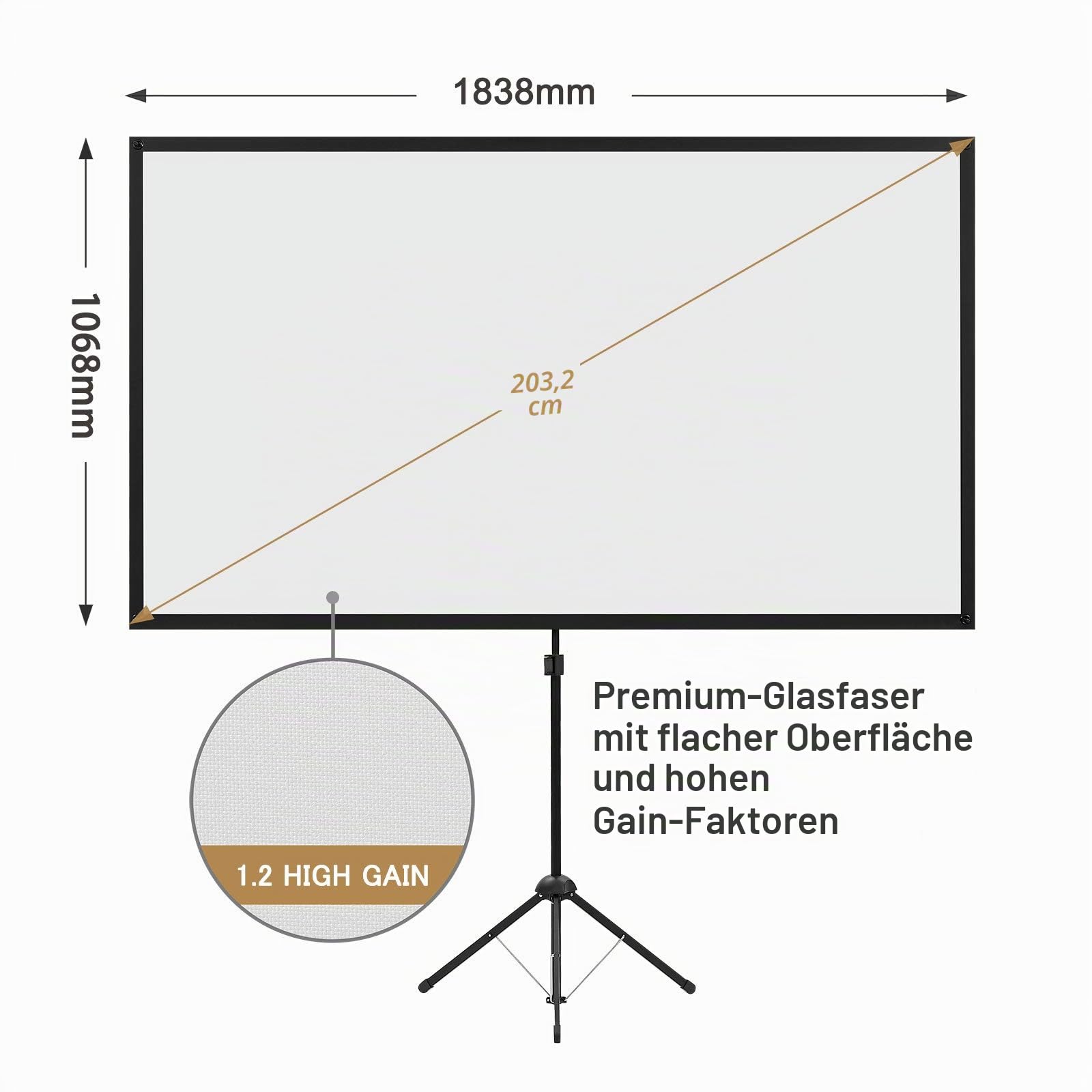 Beamer Leinwand mit Stativ, Tragbar Projektor Leinwand 80 Zoll, 16:9, 4K HD ProjektionLeinwand, Leicht und Kompakt, 2 Minuten Montage und einfacher Transportn, Ideal für Heimkino, innen/außen Filme.