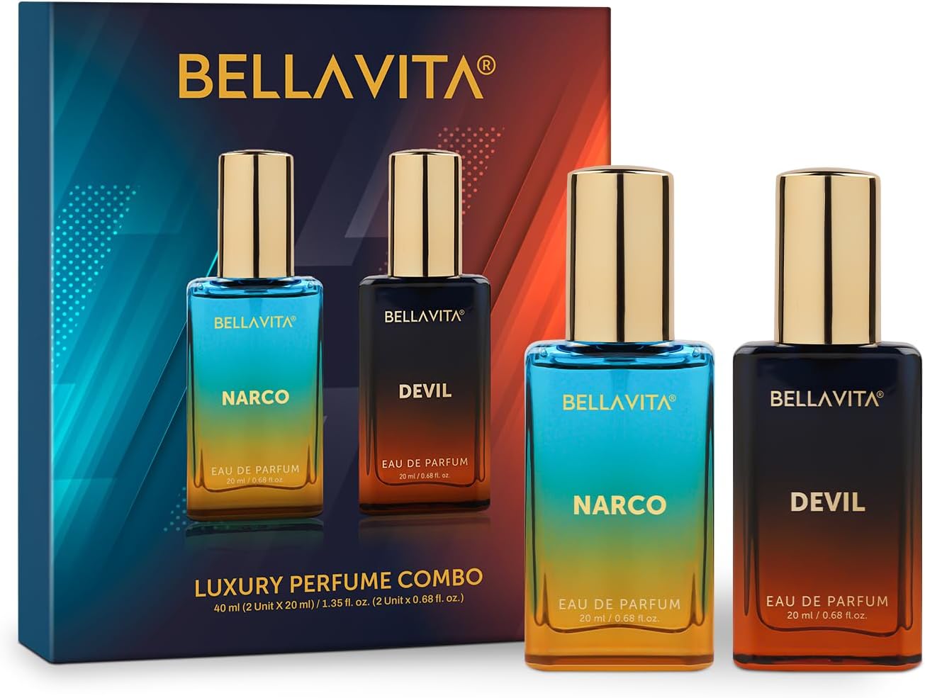 BELLAVITA Narco & Devil | Long Lasting 2x20ml EDP Perfume for Man and Woman | with Bergamot, Jasmine & Vanilla | Premium Unisex Fragrance for Men and Women