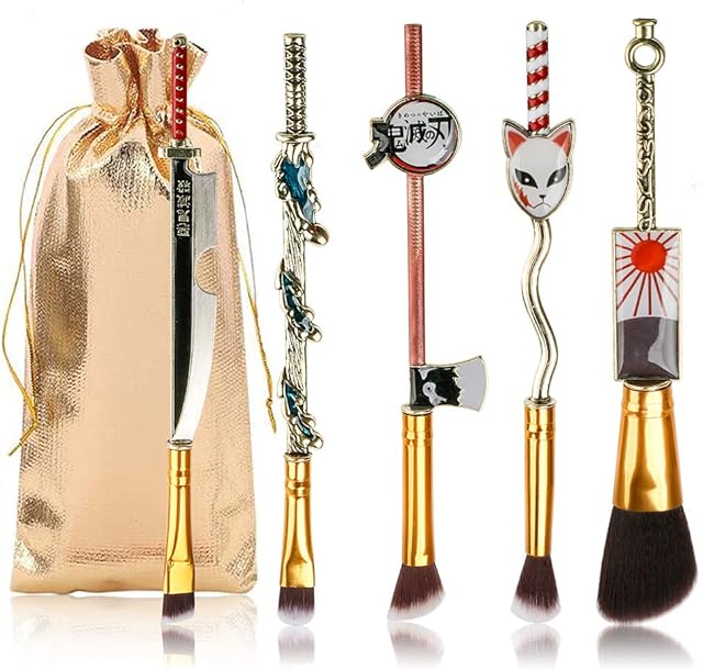 Makeup Brush Set Metal Handle Demon Slayer Anime Collection for Foundation Blush Eyeshadow Face Concealer Eyeliner Contour Powder Liquid Eye, Gift for Girls Women, Demon Slayer merch 5 pcs, Gold