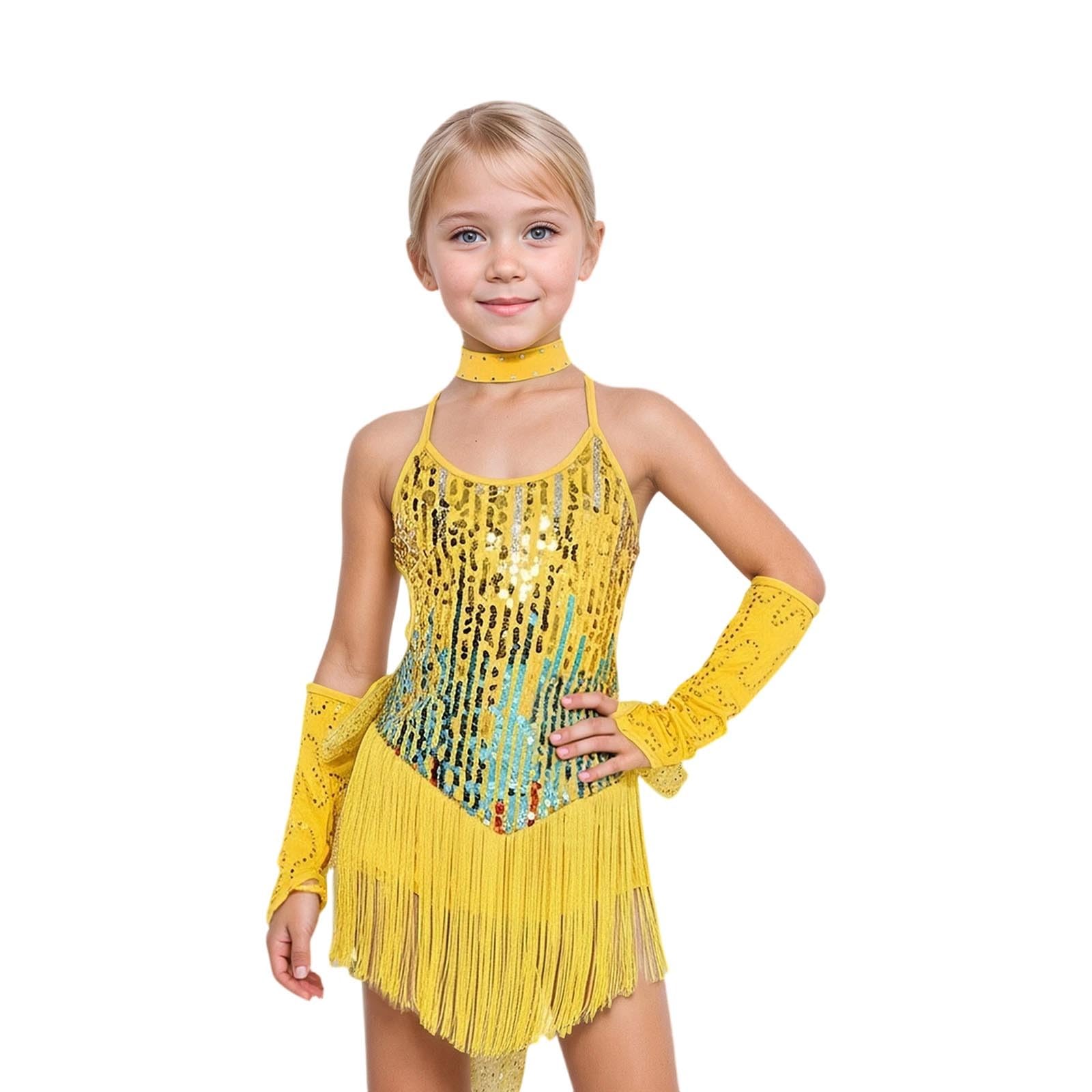 Generico Vestito Latino Americano Bambina Abito Sottoveste Danza Scollo Senza Schienale Gonna con Nappe Decorazione con Paillettes Costumi di Scena