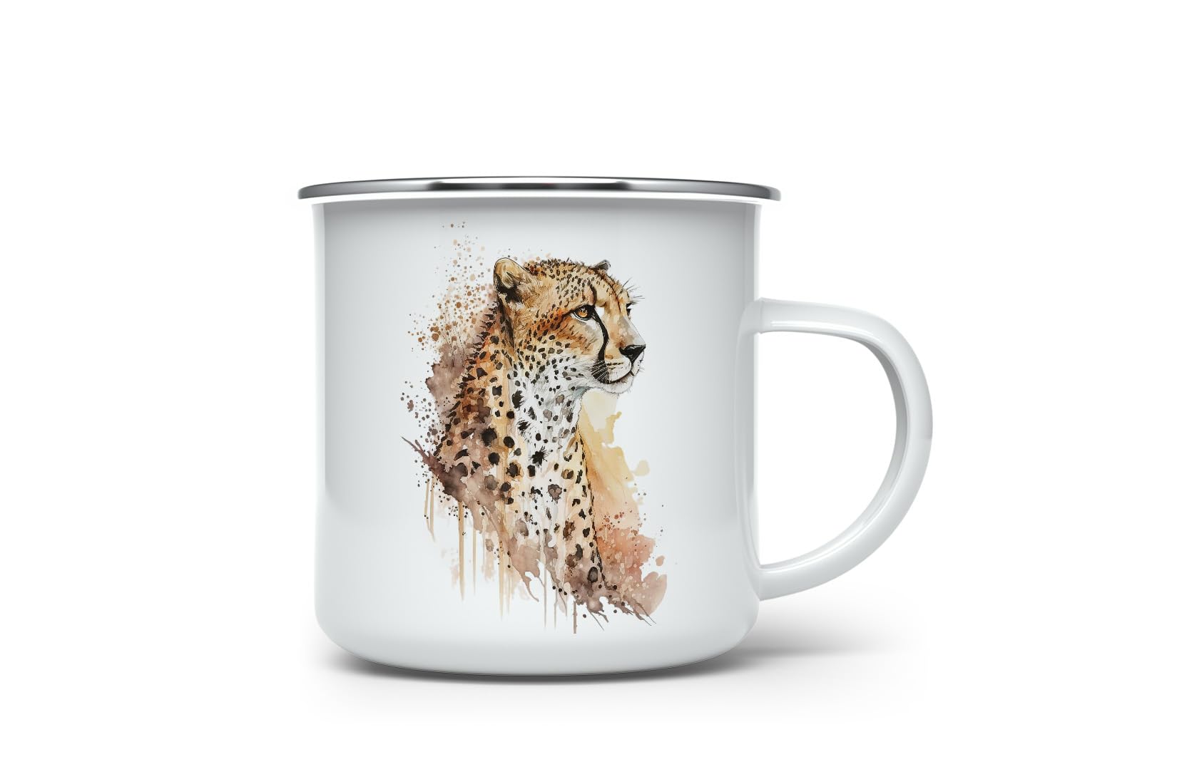 MAXIKIWI - Durable Enamel Coffee or Tea Camping Mug for Indoor Outdoor Use - Cheetah Watercolor - 350ml