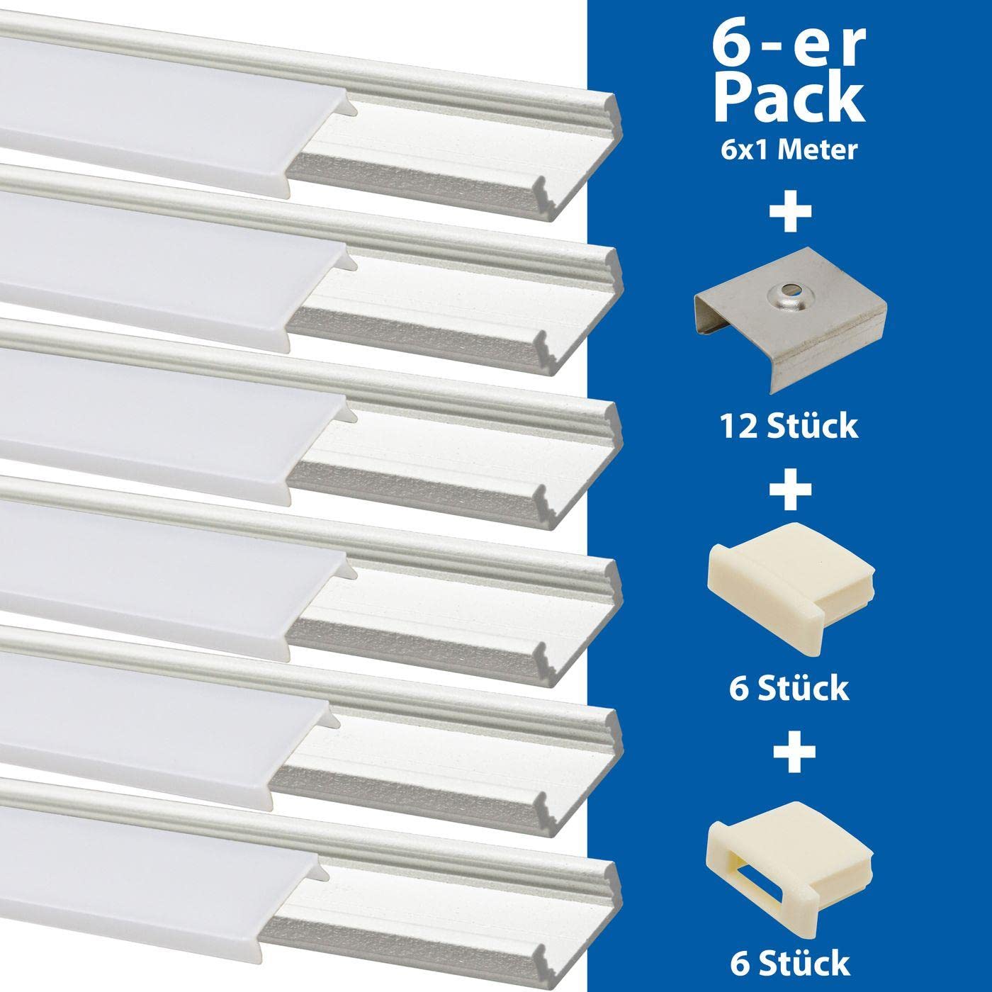 Lumonic 6x1 M LED Aluprofil Weiß Mit Milchiger Abdeckung – Inkl. Endkappen & Montageklammern