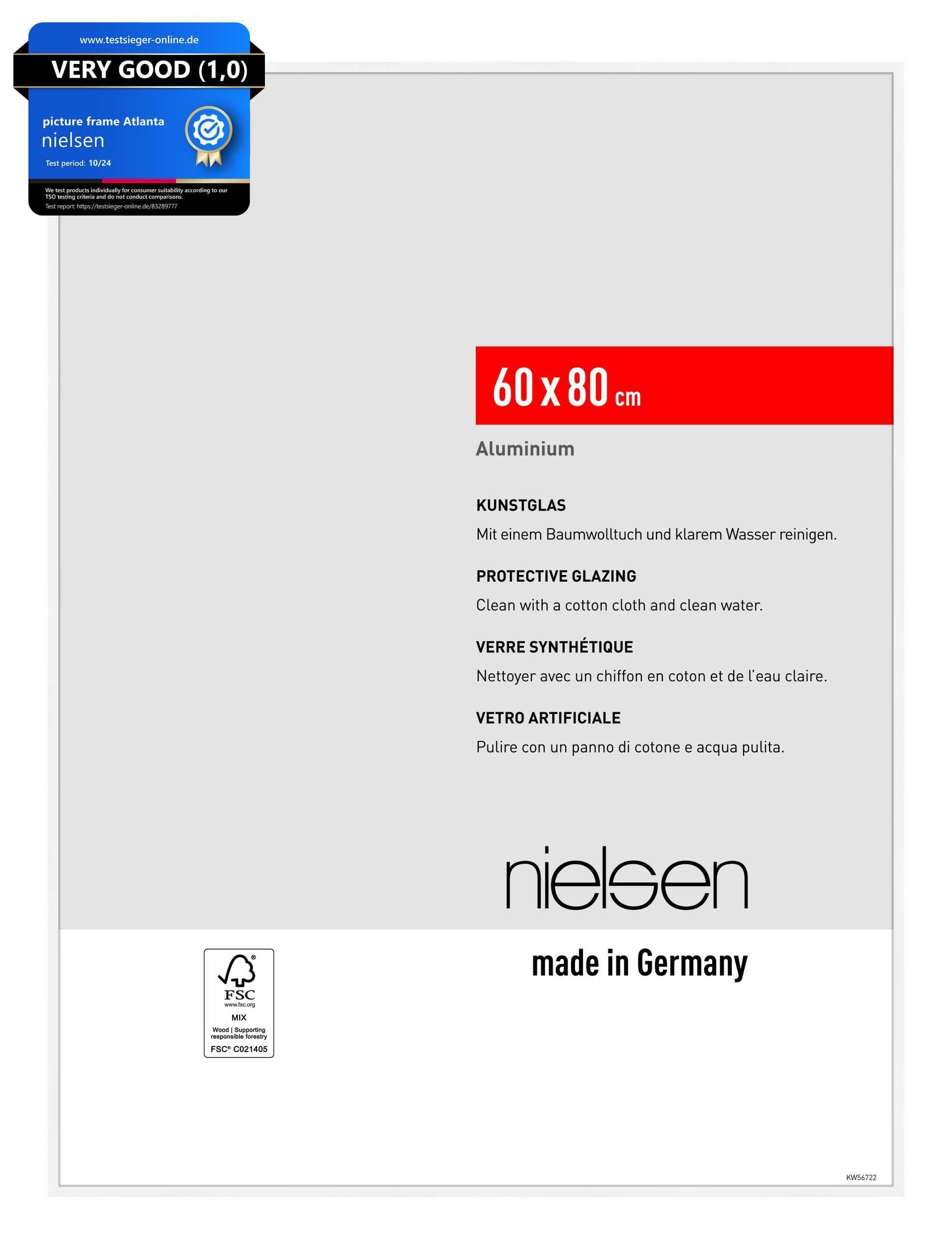 nielsen Atlanta Aluminium Picture Frame - Matt White 60x80cm - with Synthetic Glass and Push-Turn Clips