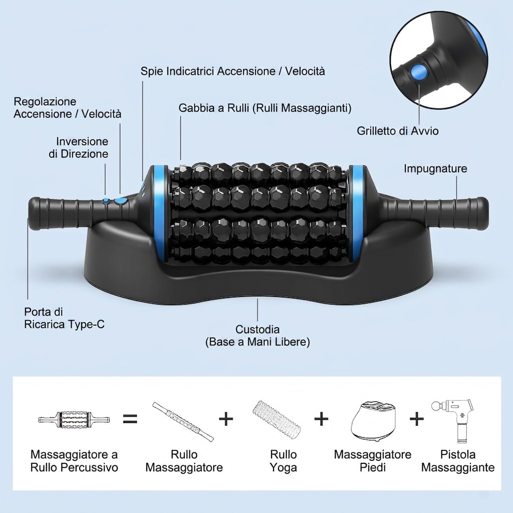 Massaggiatore Elettrico a Rullo Manuale, Massaggiatore Elettrico Anticellulite Percussivo con Manico-Anticellulite Percussivo,5 Livelli di Intensità, per Schiena, Collo e Gambe (Blu)
