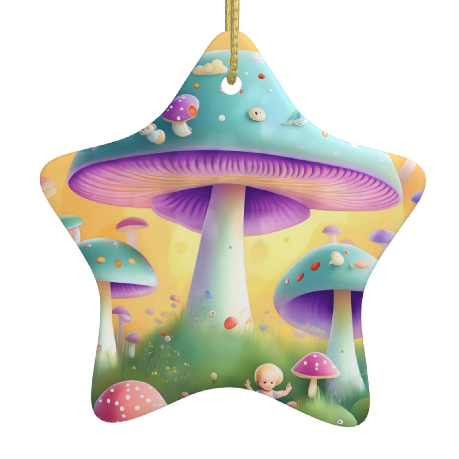 Fantasy Mushroom Christmas Ceramic Star Pendant with Punched Holes and Gold Wire Rope, Christmas Tree Home Decoration