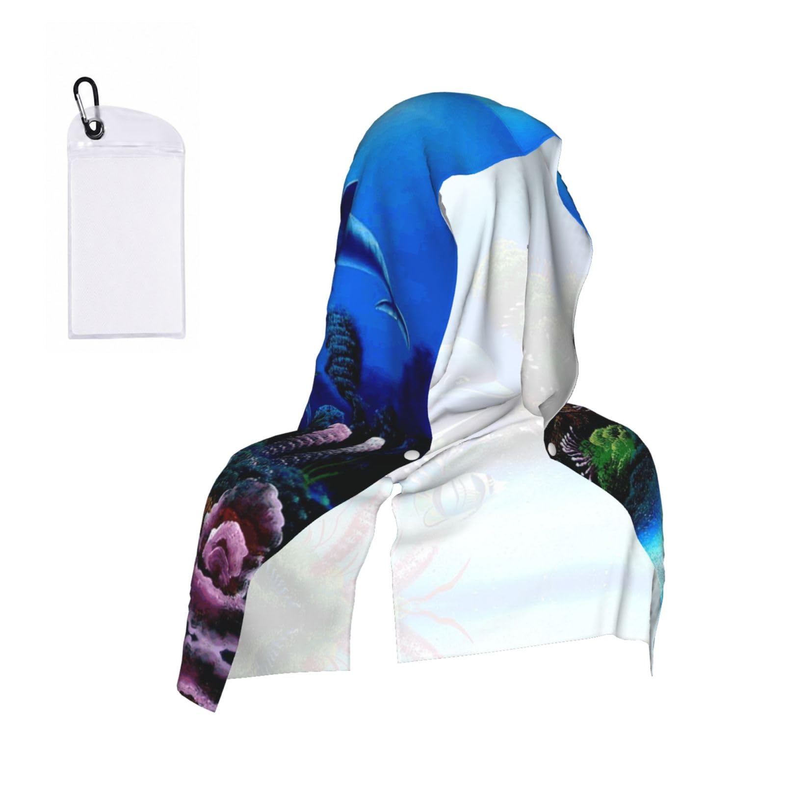 Esnaiuvcd Black Beautiful Underwater World Dolphins Coral Print Multifunctional Cooling Hoodie Bandana Portable Sweat Absorbing Design For Beach Workouts Exercise Heat Relief Accessories