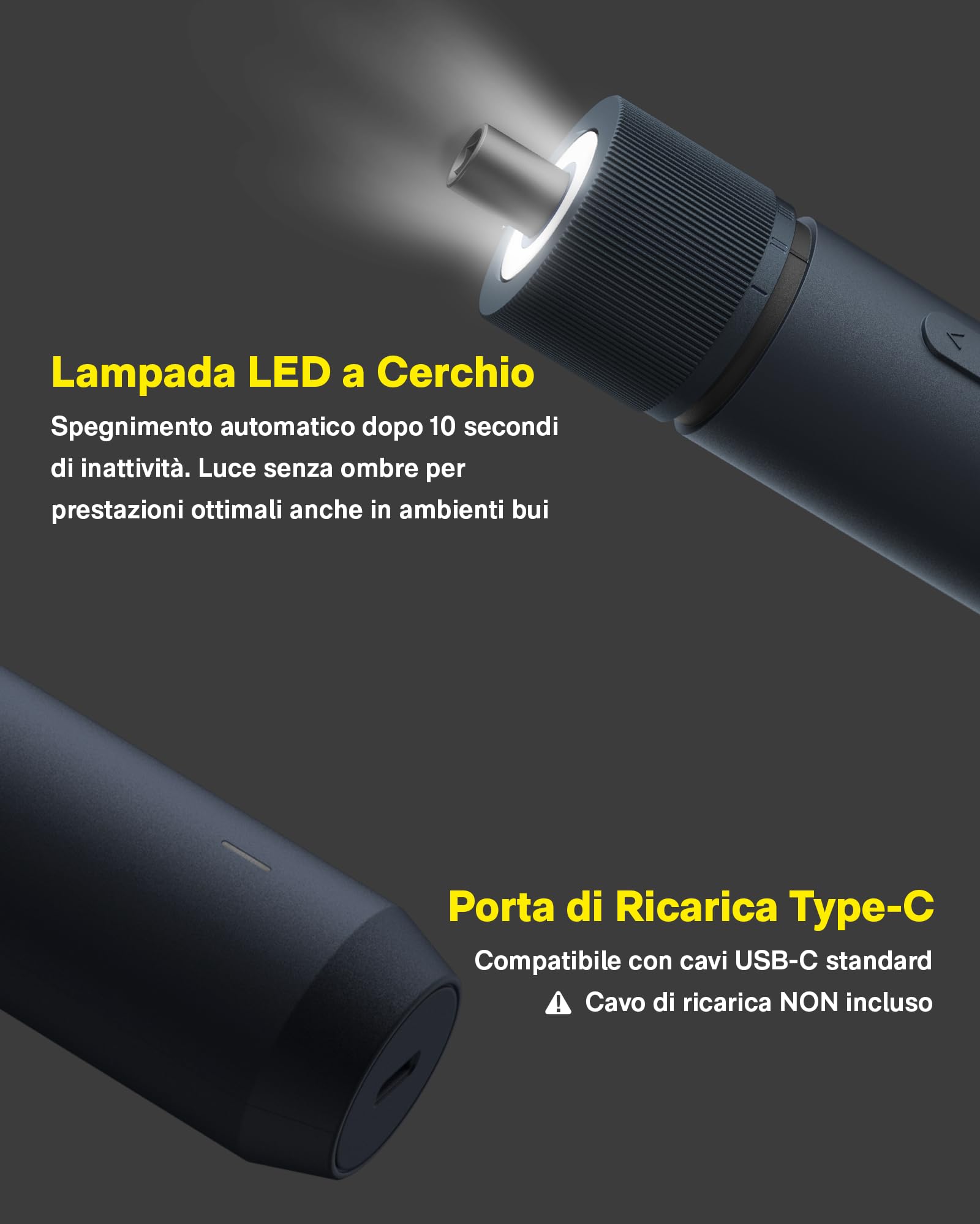 HOTO Kit Cacciavite Elettrico 3,6V, Set Avvitatore Elettrico con 25 Punte S2, 3 Livelli di Coppia, 220 RPM, Batteria 1500mAh, Ricarica USB-C, Luce LED per Riparazioni Domestiche