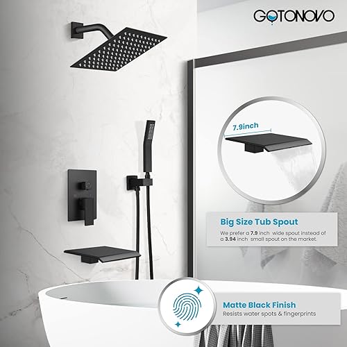 Miniatura 2 de gotonovo Sistema de ducha negro mate, grifo de ducha de baño, montaje en pared, cabezal de ducha cuadrado de 8 pulgadas, cabezal de ducha de lluvia