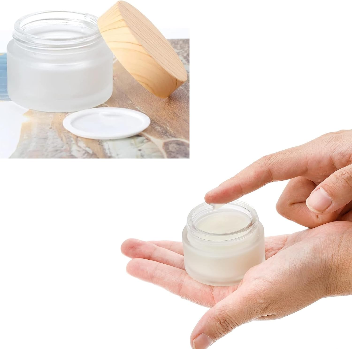 Sxminer 6 PCS 50 Gram Empty Glass Jars Bottles Frosted Glass Cream Jar 50ml Refillable Cosmetic Containers Empty Sample Jar Wood Grain Lids Travel Pot Jars for Makeup Lip Scrub Balm Face Creams Lotion