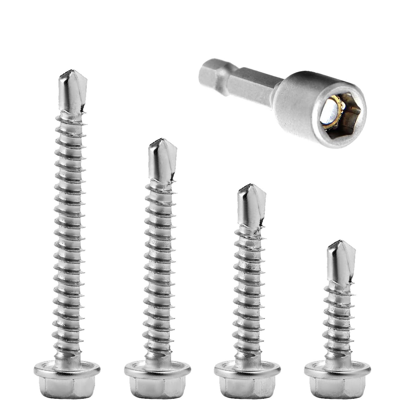 Self Tapping Screws Metal, 120pcs M4.8-16/25/38/50 Hexagonal Stainless Steel Self Drilling Screws and 1 Hexagonal Air Batch Socket Nuts and Bolts Set for DIY Plasterboard Number Plate Repair