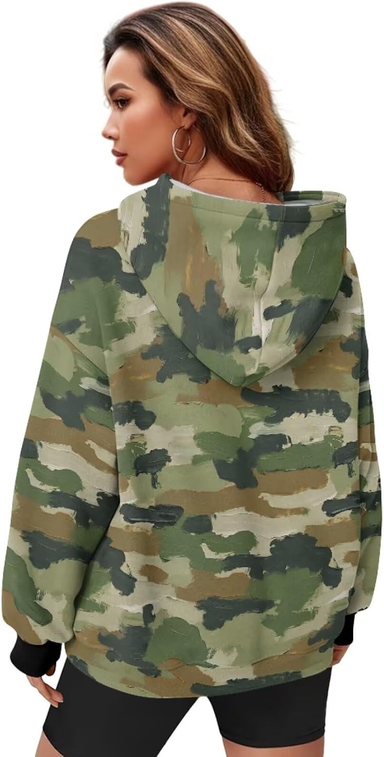 Camo Fleece Oversized Hoodie Women Graphic Hoodies Hooded Sweatshirt Long Sleeve Shirt Winter Clothes