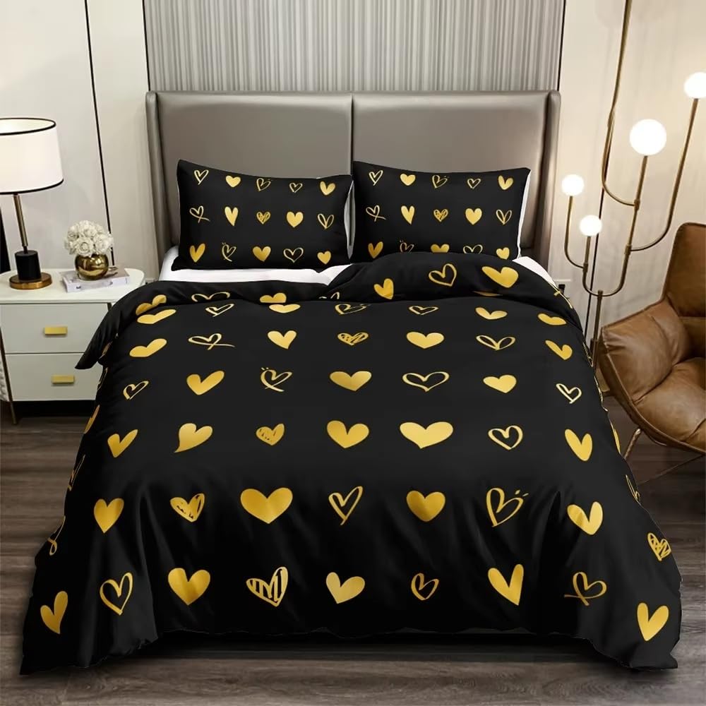 Parure de lit 200x200 pour couple au motif cœur doré imprimé en 3D pour des nuits douillettes