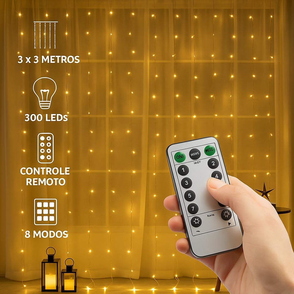 Cortina de Luz LED 3x3m com 300 LEDs Branca Quente | USB, Controle Remoto, 8 Modos, IP68 | Natal, Festa, Casamento, Quarto | A Única Loja Autorizada | Decoração Encantadora com Fio de Fada Cortina de Luz LED 3x3m com 300 LEDs Branca Quente | USB, Controle Remoto, 8 Modos, IP68 | Natal, Festa, Casamento, Quarto | A Única Loja Autorizada | Decoração Encantadora com Fio de Fada