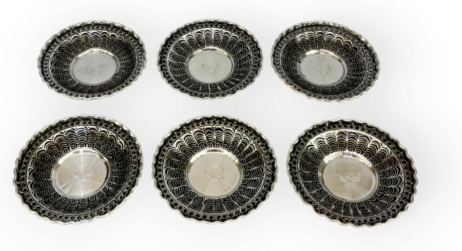 Tea Saucer Copper with Embossed Design, Set of 4+ Decorative Plates for Tea Cups, Silver Color - Silver, One Size