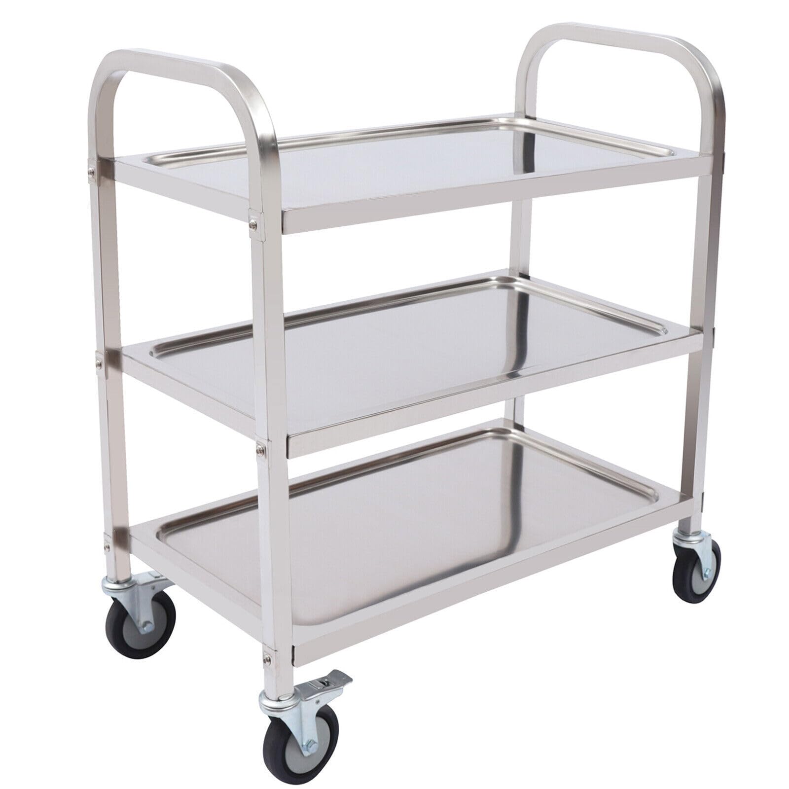 Edelstahl Servierwagen mit 3 Böden Partition Küchenwagen，rollwagen für Restaurants Mit 4-Bremsräder, Leichtlaufräder, Feststellbremse(3 böden) (Mittlere Größe)