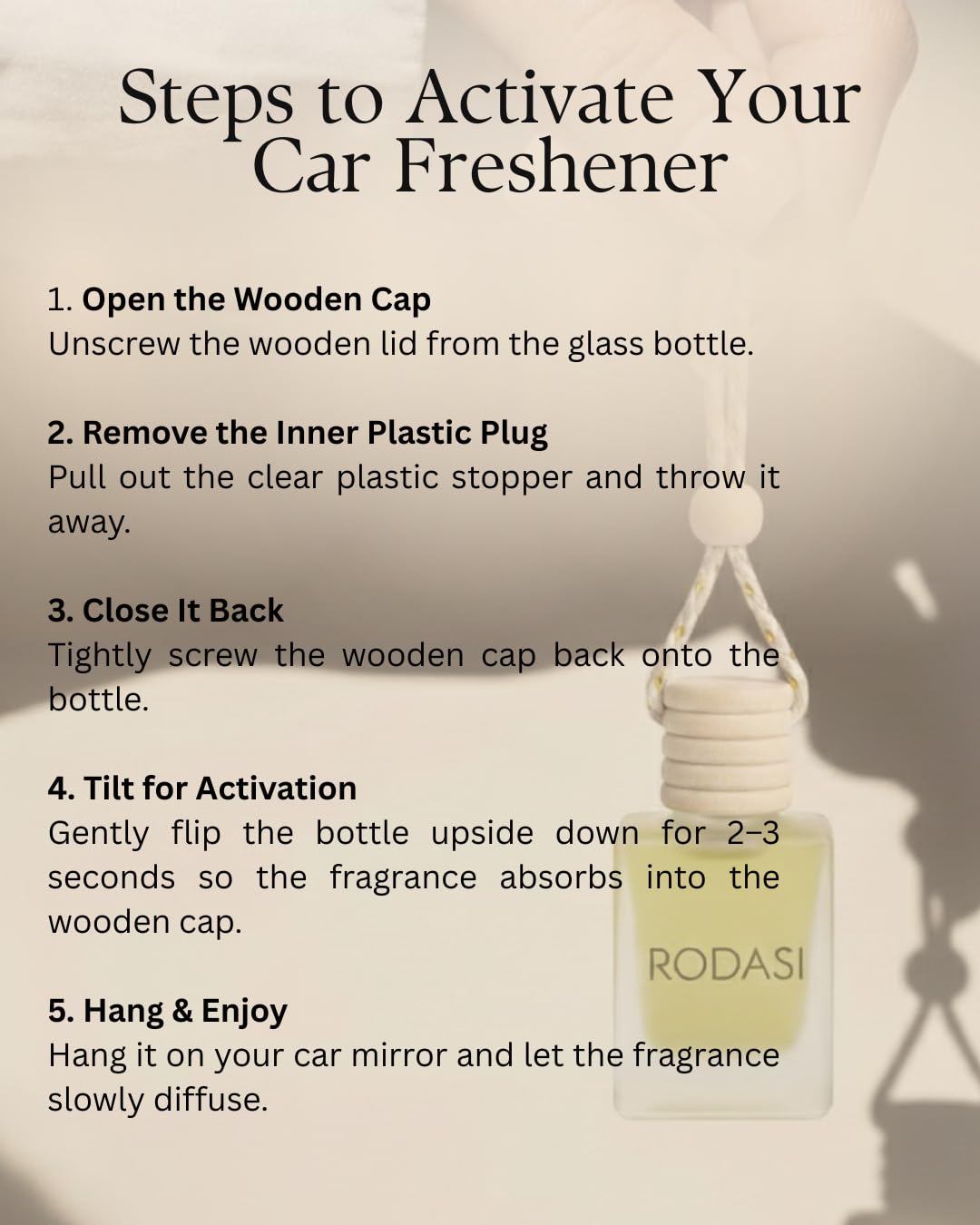 Rodasi Sandalwood Car Air Freshener | Hanging Car Perfume with Essential Oils | Long-Lasting Aroma in Glass Bottle with Wooden Diffuser Lid | 10ml Hanging Car Scent (Pack of 1) 2