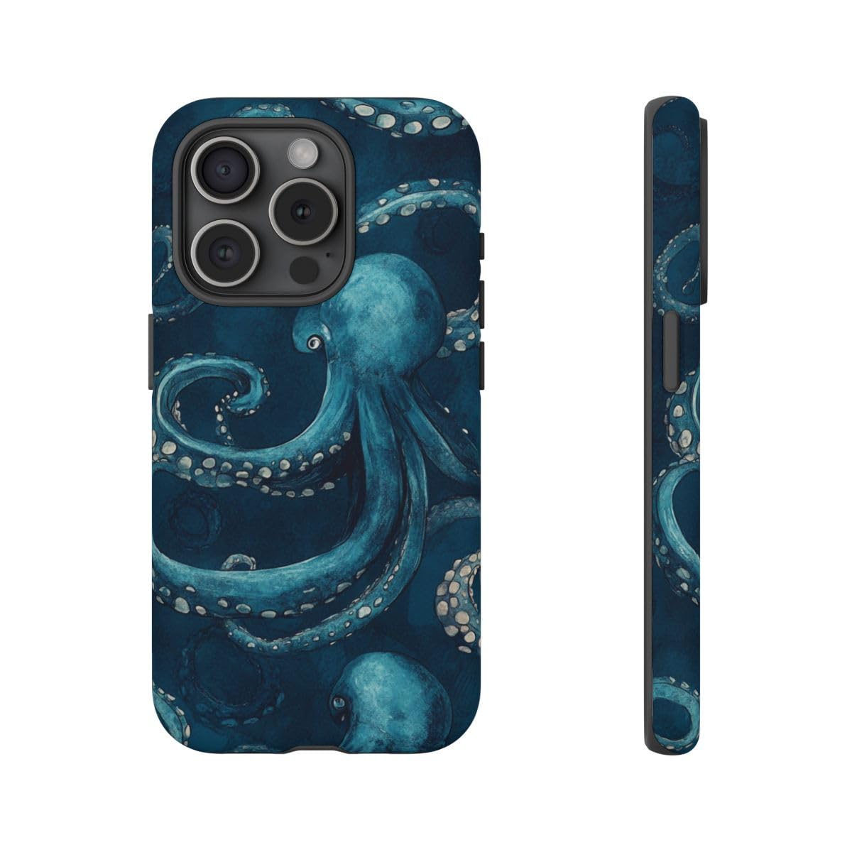 Coque iPhone 15 Pro tentacules de pieuvre bleue rigide mate