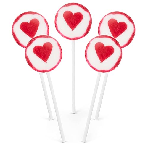 Paletas de corazón rojas y blancas hechas a mano, ventosas redondas envueltas individualmente, paletas de San Valentín con sabor a fresa (11 onzas)