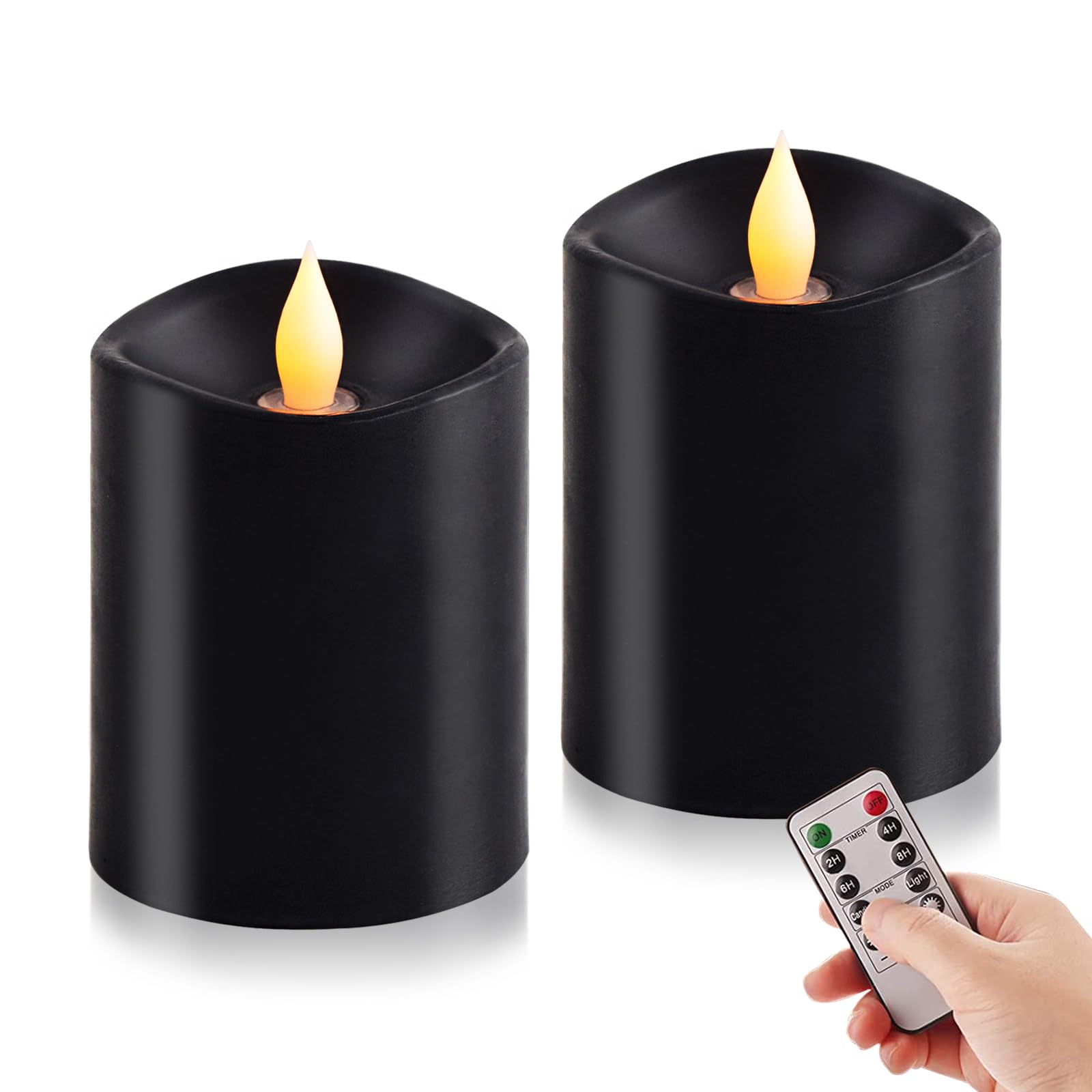 3x4 Flickering Flameless Candles Set of 2, 2AA Battery Life 600 Hours Battery Candles Flickering with Timer,4 inch Flameless Candles with Remote for Home Wedding Party Halloween Decoration, Black