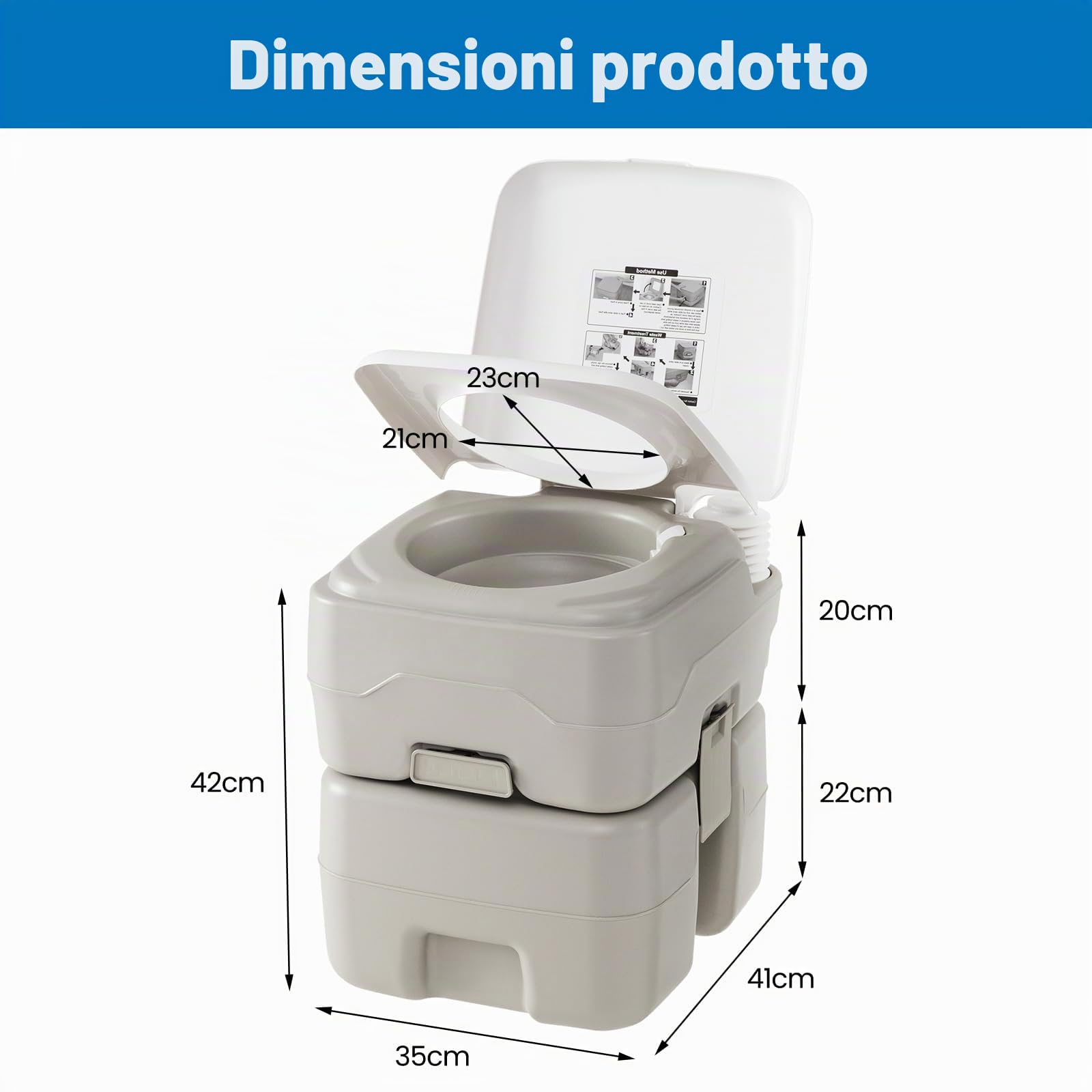 SOARS WC portatile da campeggio, WC portatile con pompa di risciacquo, serbatoio d'acqua 20 l + 10 l, carico 200 kg, altezza seduta 42 cm, imbuto telescopico, per campeggio, viaggio, auto, grigio