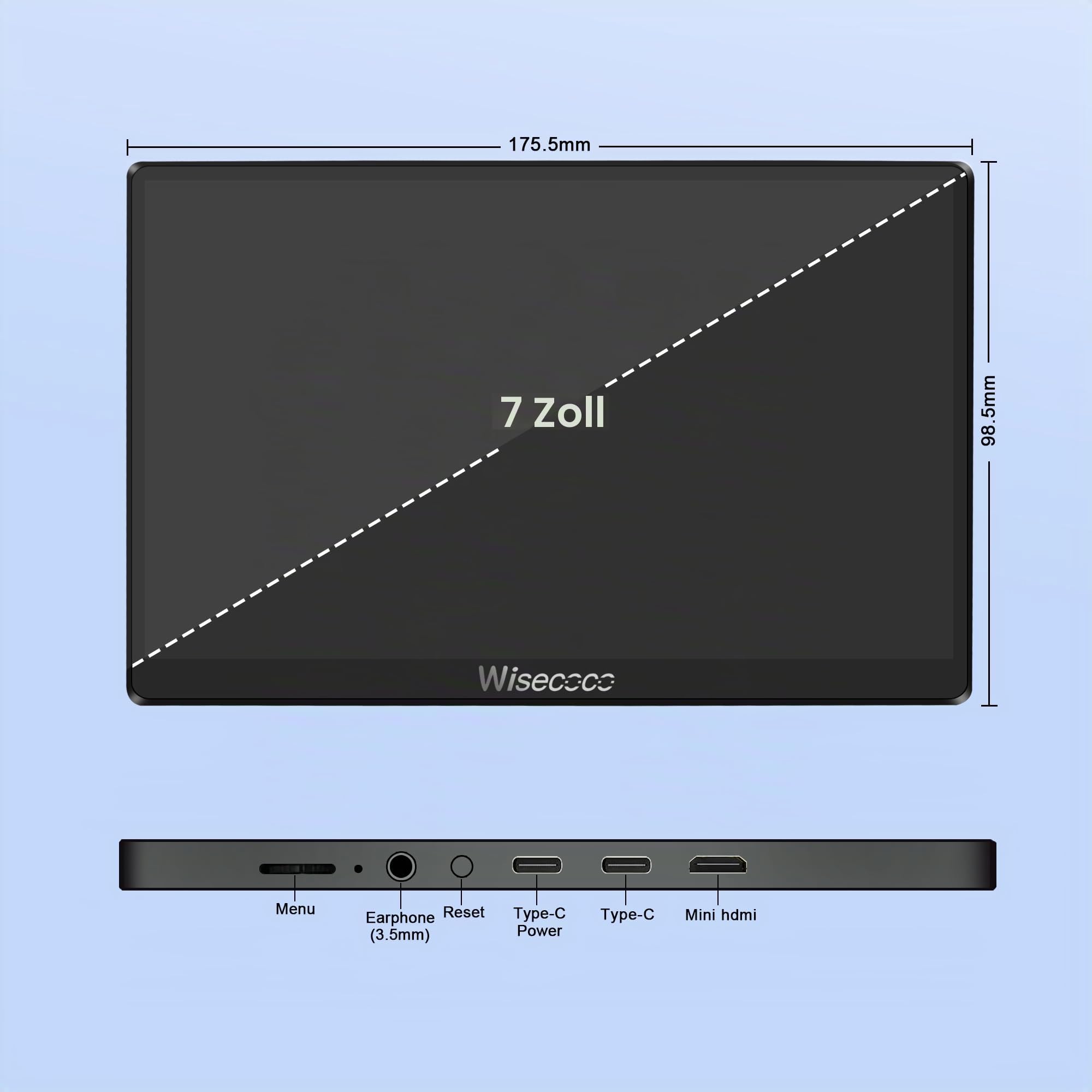 wisecoco 7 Zoll IPS Mini LCD Display 1080p 1920 x 1080 Pixel 120 Hz mit Touchscreen USB C und HDMI Anschluss ultradünn und leicht ideal für Gaming mit Switch PS5 Xbox Laptop PC und Raspberry Pi 5/4