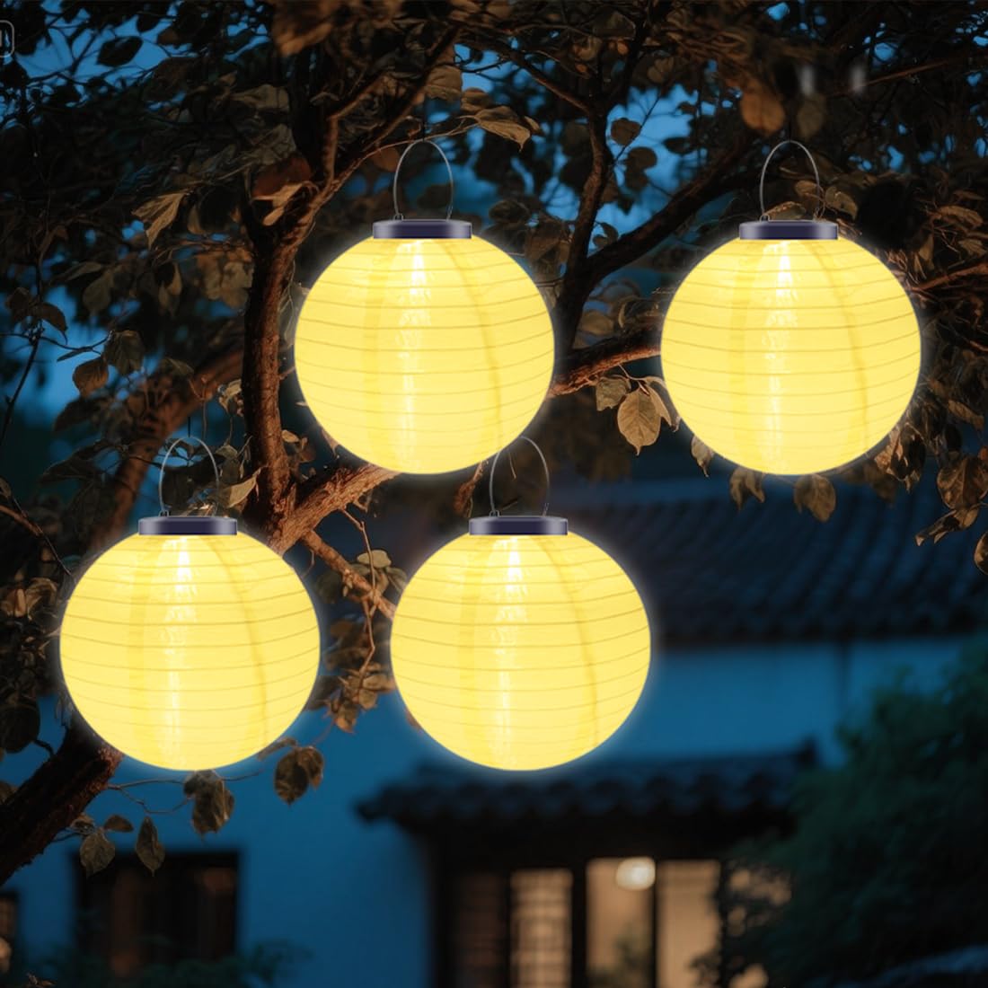 Wrqioo Yellow 4Pcs Hanging Solar Lanterns Outdoor Garden Waterproof, 10In Solar Lights Outdoor Garden Lantern, Chinese Lan-Tern So-Lar Li-Ghts, Nylon Cloth S-Olar Gar-Den Lig-Hts Hanging For Patio Yard