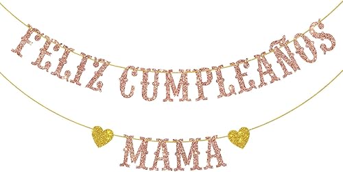 Helewilk Rose Gold Glitter Feliz Cumpleaños Mama Banner - Spanish Happy Birthday Mom Banner, Mexican Fiesta Theme Mom' BirthdayMother's Day Party