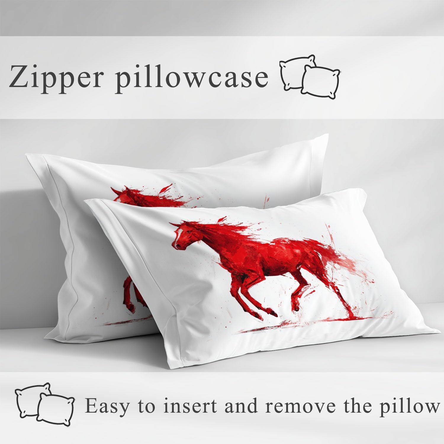 Sábana Bajera 200 x 200 x 30 cm 3 Piezas + 2 Fundas 50 x 75 cm, Microfibra Cepillada Ajustable de Bolsillo Profundo, Suave Delicada para la Piel, Rojo, Animal Corriendo Caballo