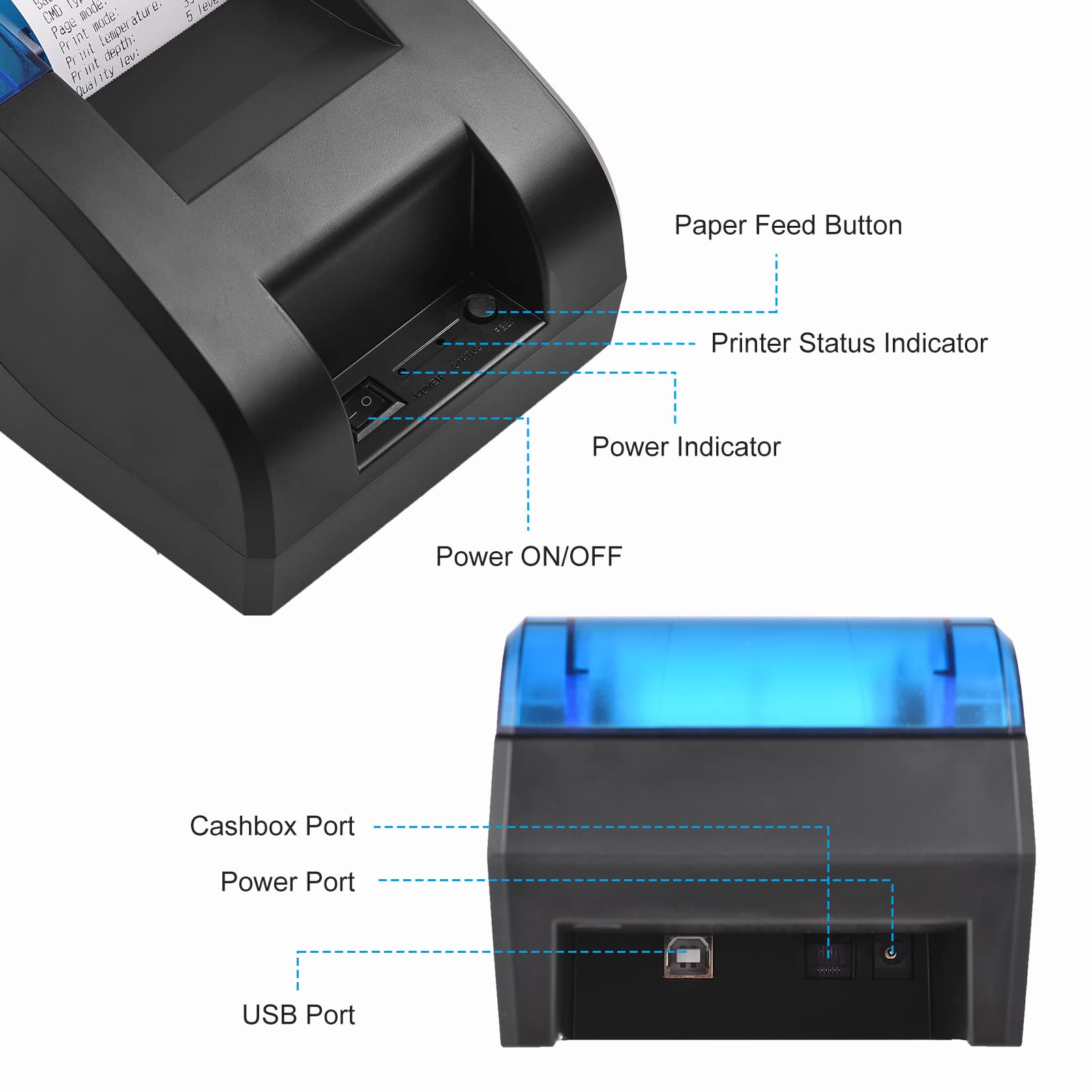 Jemora Stampante termica per scontrini da 58 mm Stampante per connessione wireless USB e BT desktop Stampa di codici a barre Logo con 1 rotolo di carta all'interno Compatibile con iOS Android