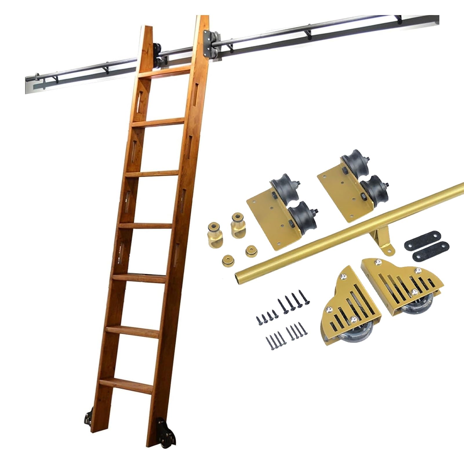 Escalera corrediza dorada de 100-720 cm para biblioteca, kit de escalera rodante para estantería, riel de escalera móvil de hierro con sistema de rodillos deslizantes (sin escalera)(120cm Spårkit)