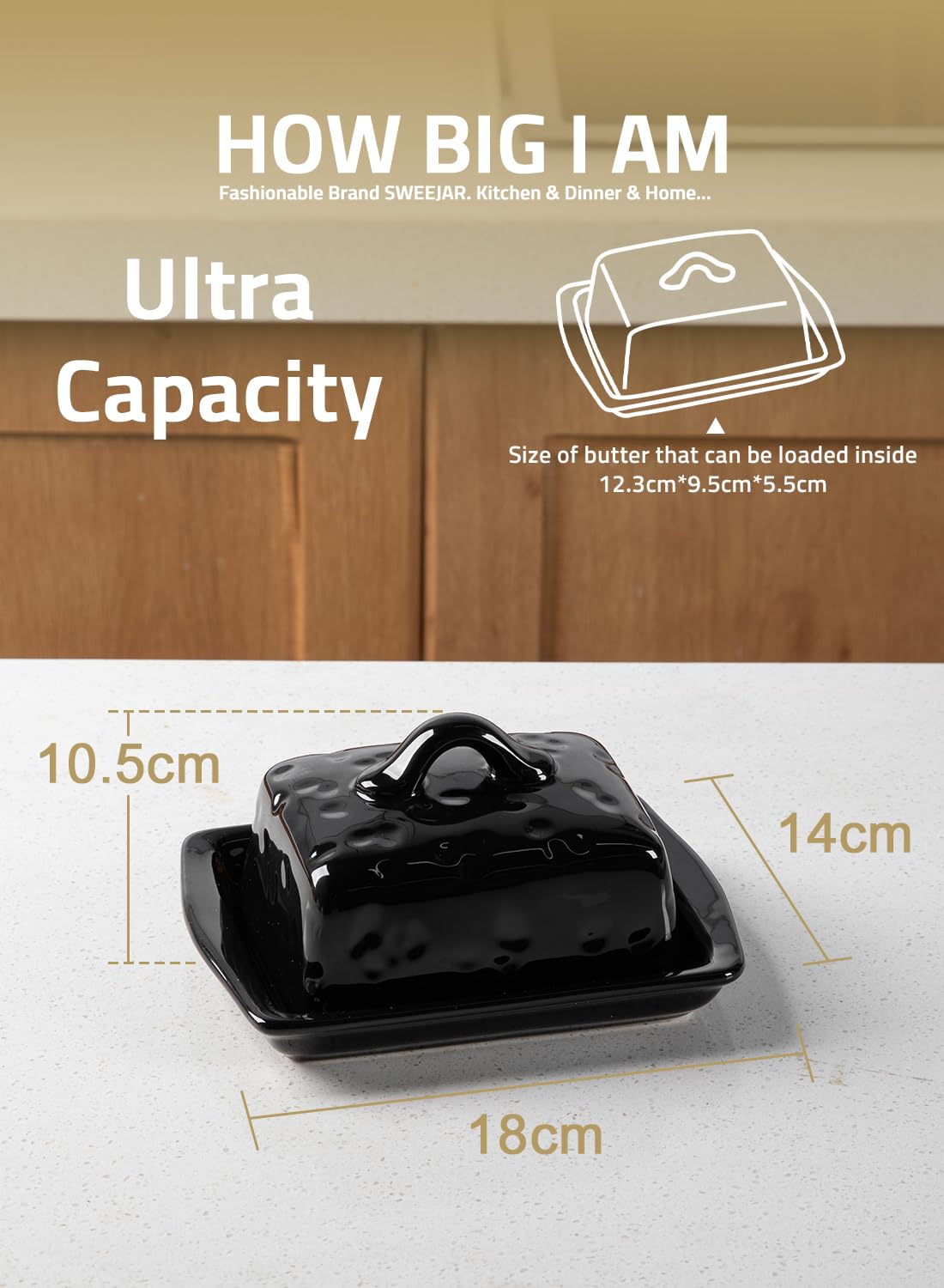 Sweejar Home Ceramic Butter Dish with Lid,Cheese-Shaped Butter Holder,Cute Butter Dish for Countertop,Kitchen Deco & Butter Storage(Black) - Image 3