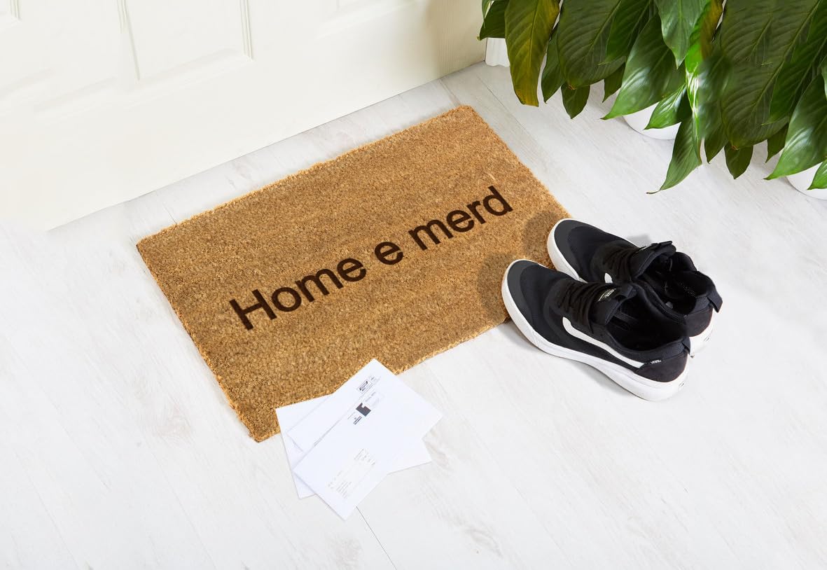 Happenings Divertente Zerbino in fibra di cocco con il messaggio 'Home e merd' - Tappeto d'ingresso antiscivolo naturale per l'interno della casa (60x90cm)