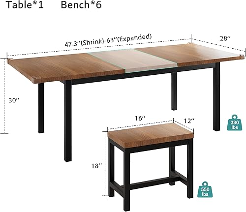 Miniatura 7 de iPormis Juego de mesa de comedor de 3 piezas mesa de cocina extensible de 63 pulgadas con marco de metal y tablero de madera comedor que ahorra