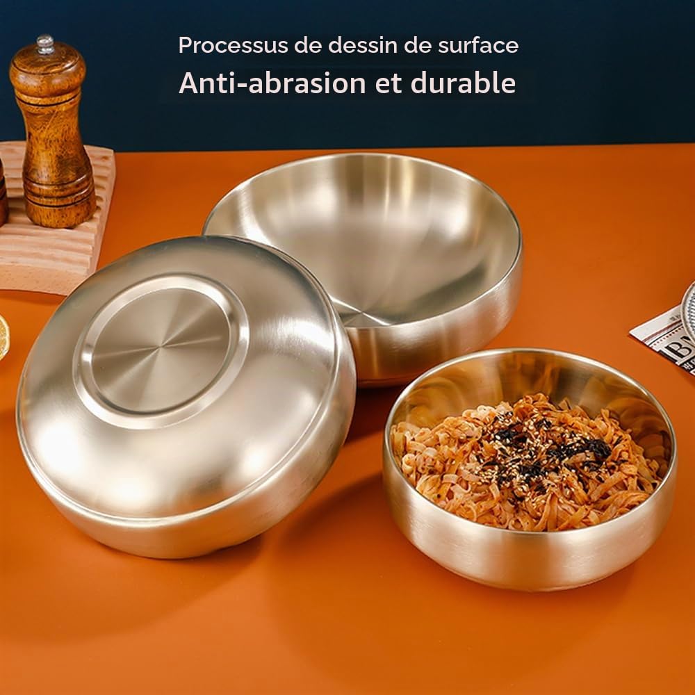 SANQIAHOME 47oz/8.3" Saladier en acier inoxydable de qualité 2pcs/set - Double paroi anti-brûlure, lavable au lave-vaisselle, grand bol de service pour la famille Bol à soupe doré de grande capacité