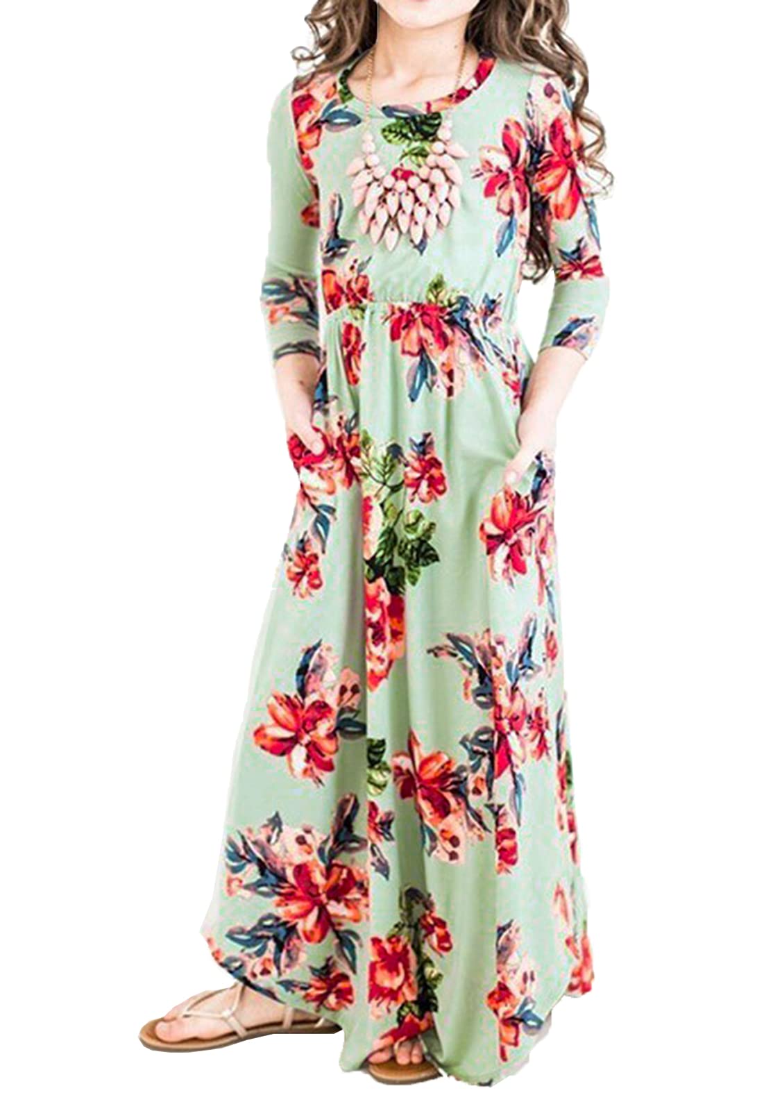 LYXIOF Girls Maxi Dress Floral Print Summer Casual Short Sleeve Pockets Dress