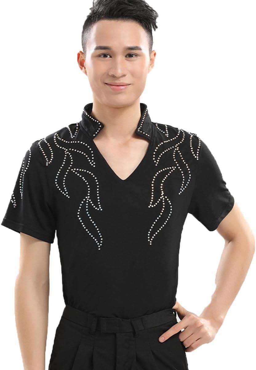 YUMEIRENMen's Spandex Rhinestone Latin Ballroom Dance Tops Shirt