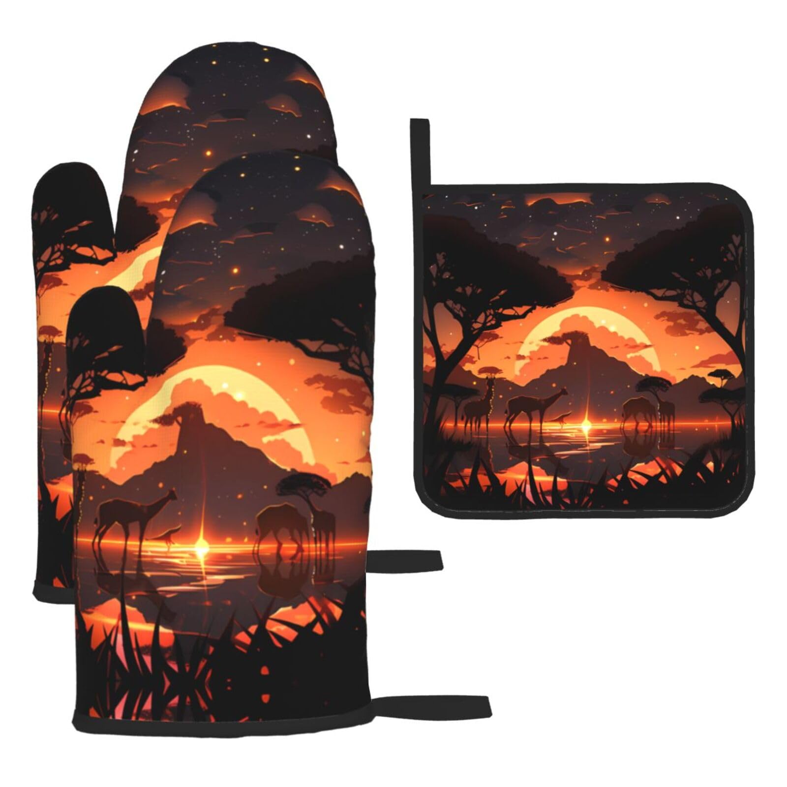Animals of the African Savannah Oven mittens and oven mitts three-piece set suitable for oven, grilling, baking, microwave and home cooking.