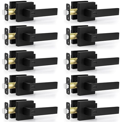 Estmoon Privacy Door Lock, 10 Pack Matte Black Keyless Door Handles Interior Heavy Duty Bed and Bath Door Lever Set, Reversible for Left/Right Handed Doors