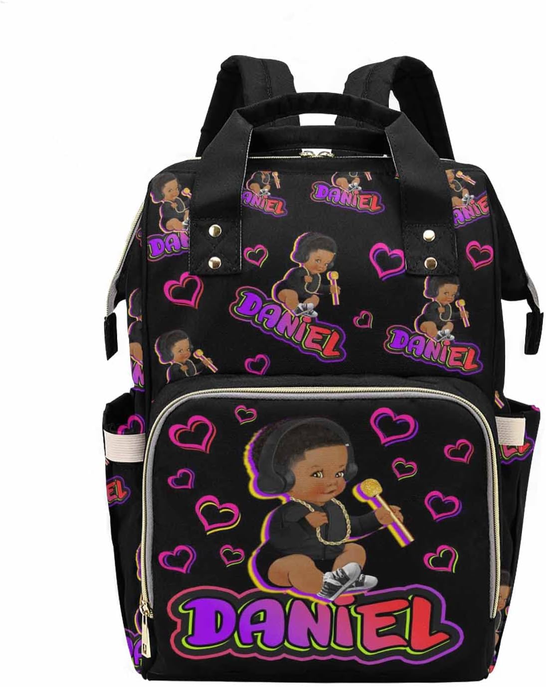 M YESCUSTOM Customized Diaper Bag with Name, Personalized Purple & Rose Love Heart Nylon Mommy Nursing Backpack Nappy Daypack with Large Capacity for Travel Holiday Gift for Women