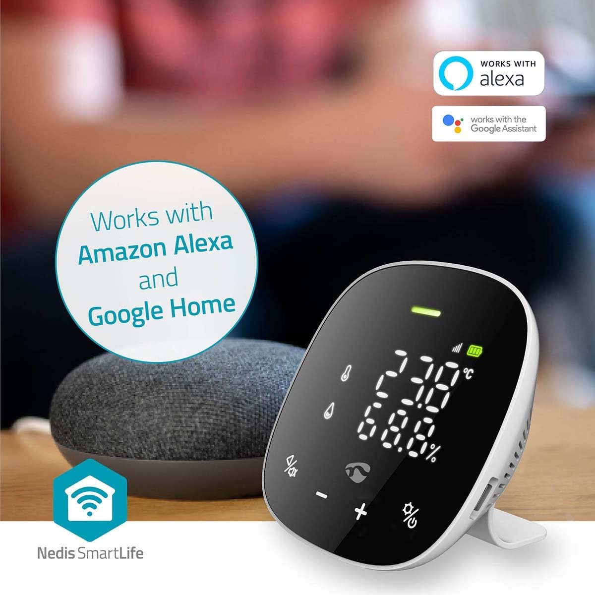 SmartLife Monitor de calidad del aire – Wi-Fi – Incluye pantalla – Dióxido de carbono (CO2) / Humedad/Temperatura – Android/IOS – Negro/Blanco