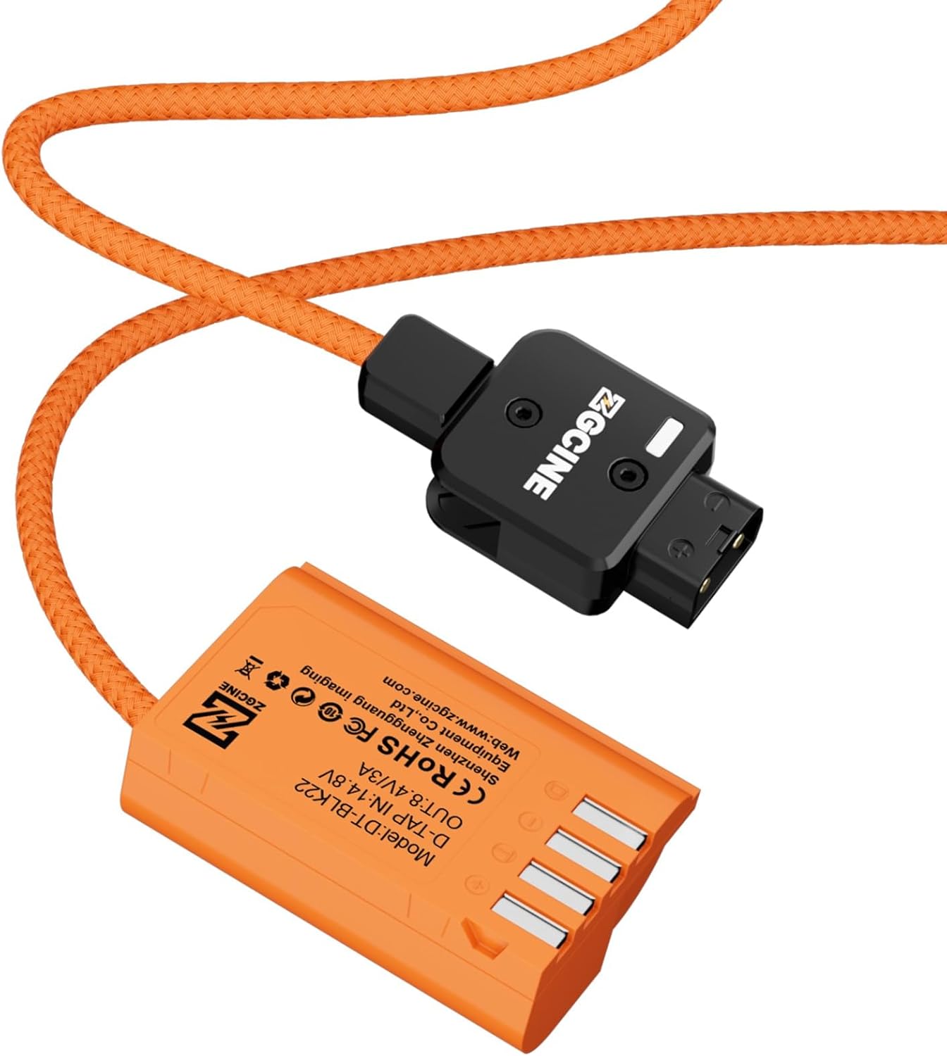 Close-up of ZGCINE DT-BLK22 dummy battery showing model and electrical specifications